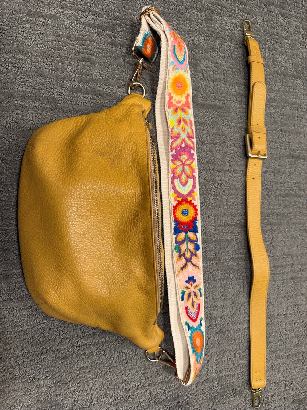 Mustard Yellow Leather Crossbody Bag with Embroidered Strap